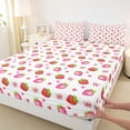 thumbnail image 3 of Homewish Girly Pink Strawberry Queen Sheet Sets for Kids, Cute Love Heart Flat Sheet, Cartoon Ribbon Bowknot Queen Fitted Sheet, Microfiber Bedroom Decor, 4 Pieces, 3 of 7