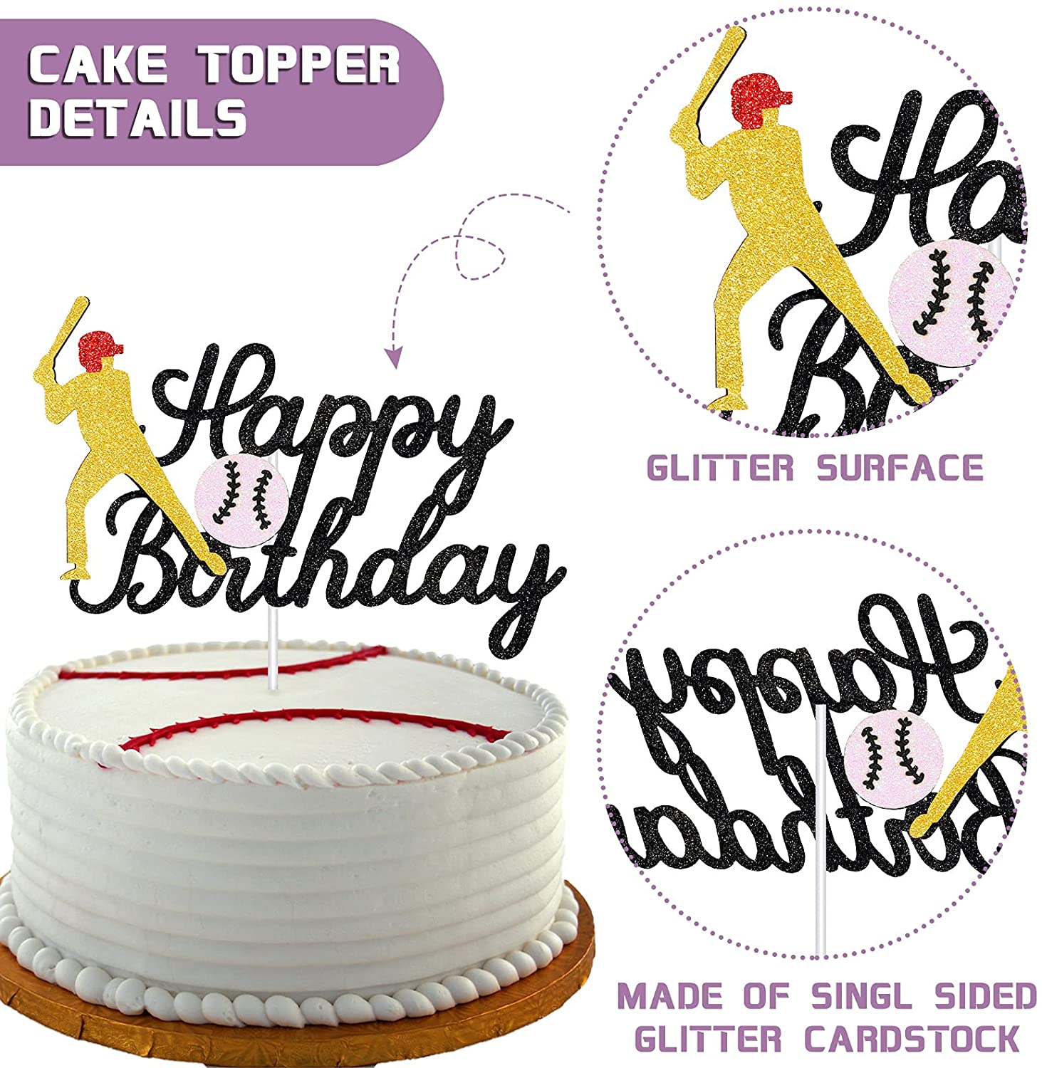 Baseball Kuchen Topper Mit Glitzer – 13,5x21,3 Cm, Aus Glitzerkarton & Bambusstab, Für Sport-Partys