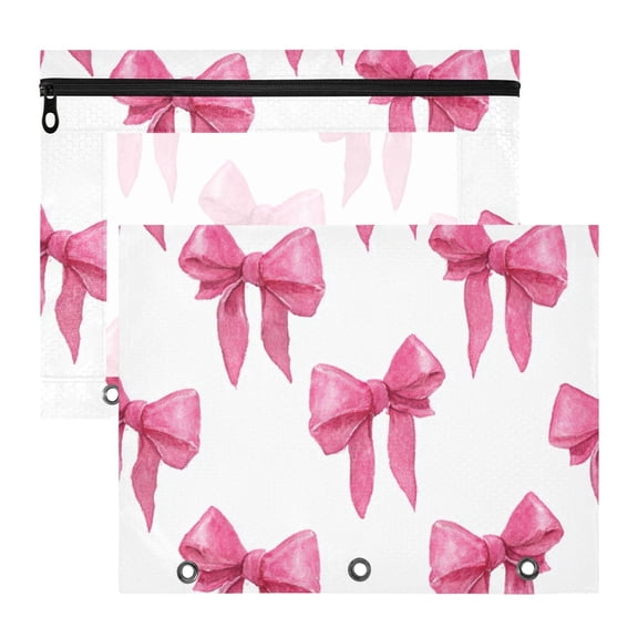 Pink Bowknots Watercolor 3-Ring Binder Pouches A4 Size Zipper Pocket File Storage 2 Packs