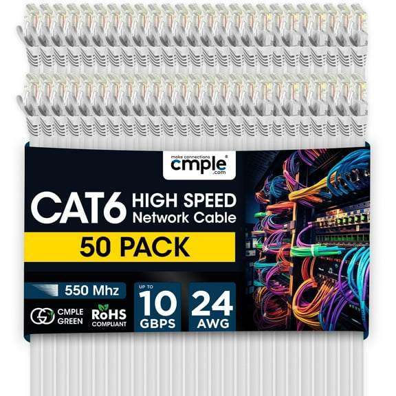 Cmple - 50 Pack Cat 6 Ethernet Cable 3 ft 10Gbps Internet Cables with RJ45 Connectors 550MHz Cat6 Patch Cord for Computer, WiFi Router, Modem - White