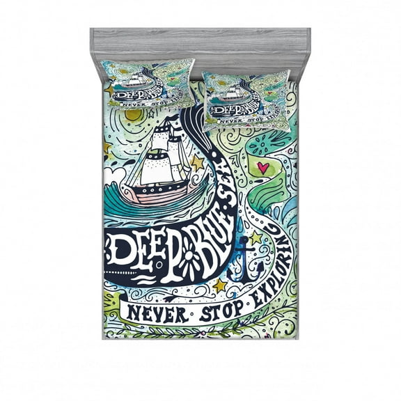 Ambesonne Animal Fitted Sheet & Pillow Sham Set, Whales Island with Palm, Queen, Blue Pink and Green