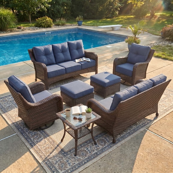 LayinSun 7 Pieces Patio Furniture Sets, Outdoor Wicker Conversation Set with Swivel Chairs and 6" Thick Cushion for Deck Garden Backyard