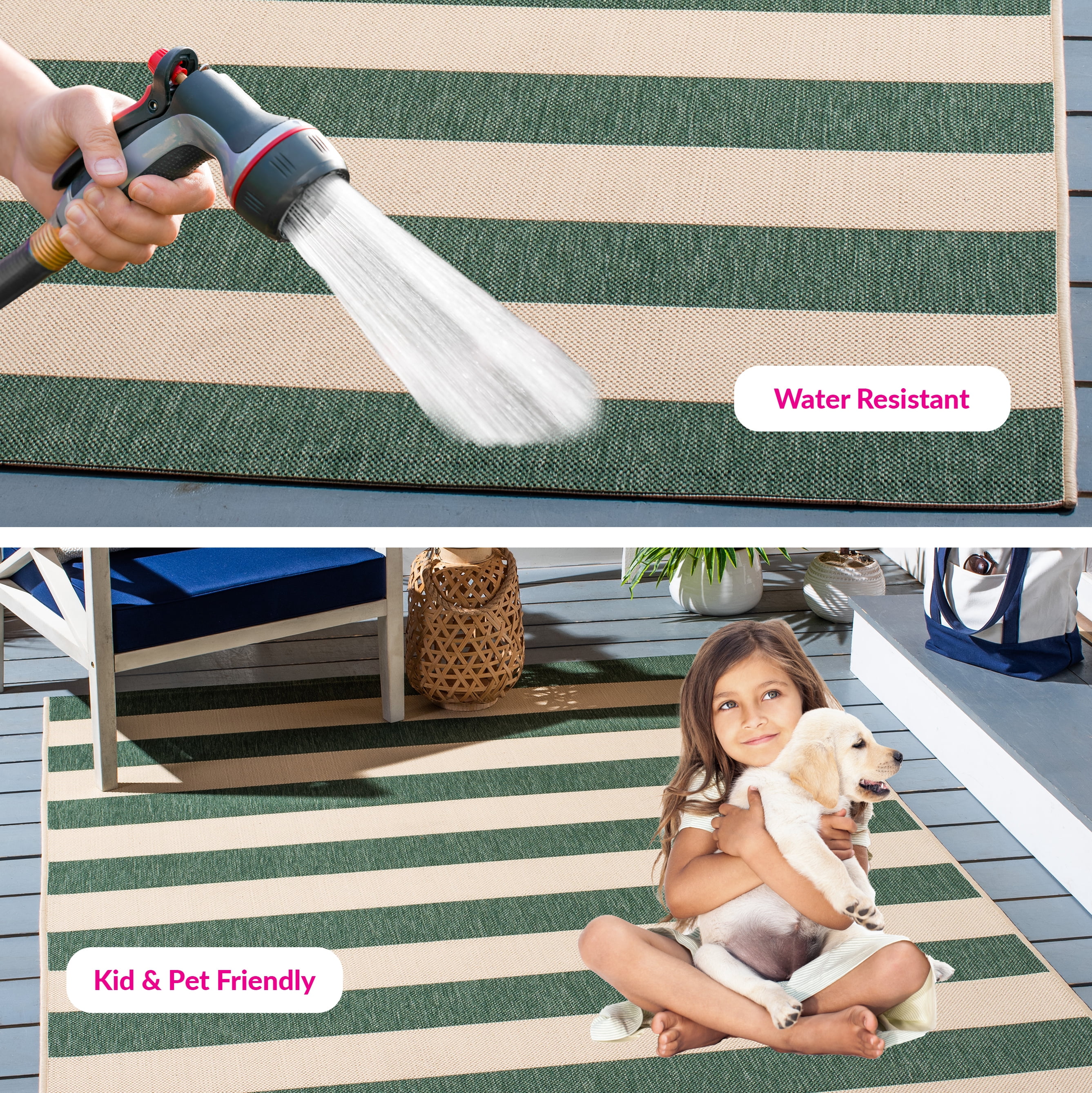 Safavieh Courtyard Ermintrude Striped Indoor/Outdoor Area Rug, Beige/Dark Green, 6'7" x 6'7" Square