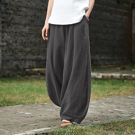 Fengqque Women's Casual Cotton Linen Baggy Pants with Elastic Waist Wide-leg Relax Fit Lantern Trouser with Pockets Gray 10(XL)