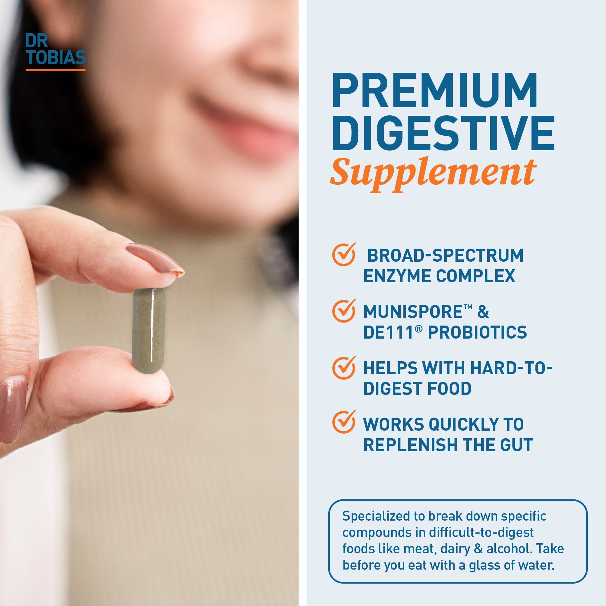 Dr. Tobias Digestive Enzymes with Probiotics, Prebiotics and Postbiotics Bromelain, Amylase, Lipase, For Better Digestion & Immune Function, 120 Capsules 60 Servings (2 Daily)
