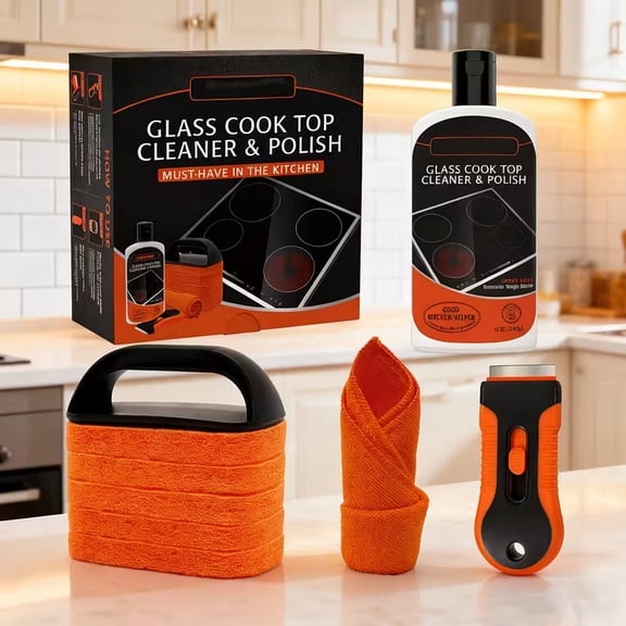 12-ounce glass stove cleaning kit, stove cleaner and polishing non-abrasive scratch-free removal of stubborn stains.