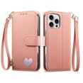 thumbnail image 2 of For IPhone 14 Pro Max Leather Phone Case Wallet Heart-shaped Zipper Pocket Pouch Folio Flip Cover Kickstand, Multi Anti-theft Multi-Card Holder Cash Slot, Double Magnetic Buckle, Wrist Lanyard,Pink, 2 of 8