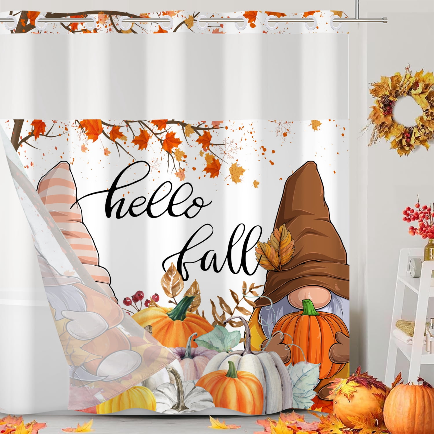 MIZHONA Fall Thanksgiving Shower Curtain with Snap in Liner,Gnomes and Pumpkin No Hook Fabric Bathroom Curtain,71"× 83"