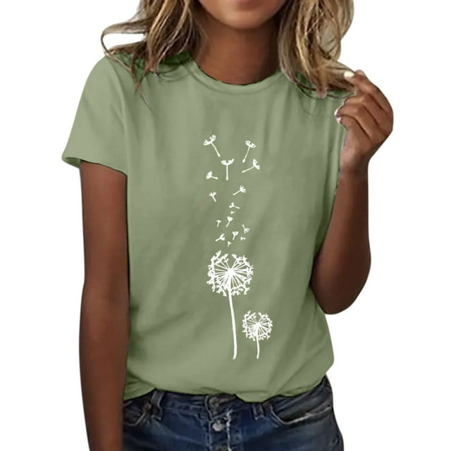 T-shirts à Manches Longues en Coton pour Femmes à Motif Imprimé Pissenlit Col Rond Manches Courtes Débardeurs pour Femmes T-Shirt Haut