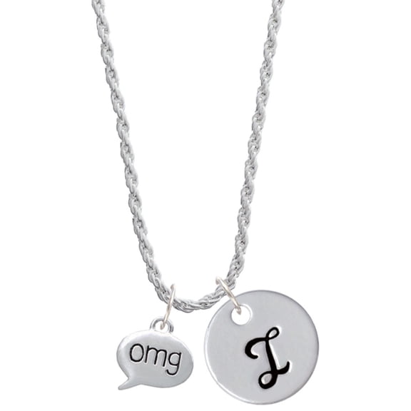 Delight Jewelry Silvertone Text Chat - omg - Oh My God - Silvertone Script Initial Disc - I - Charm Necklace, 20"+3"