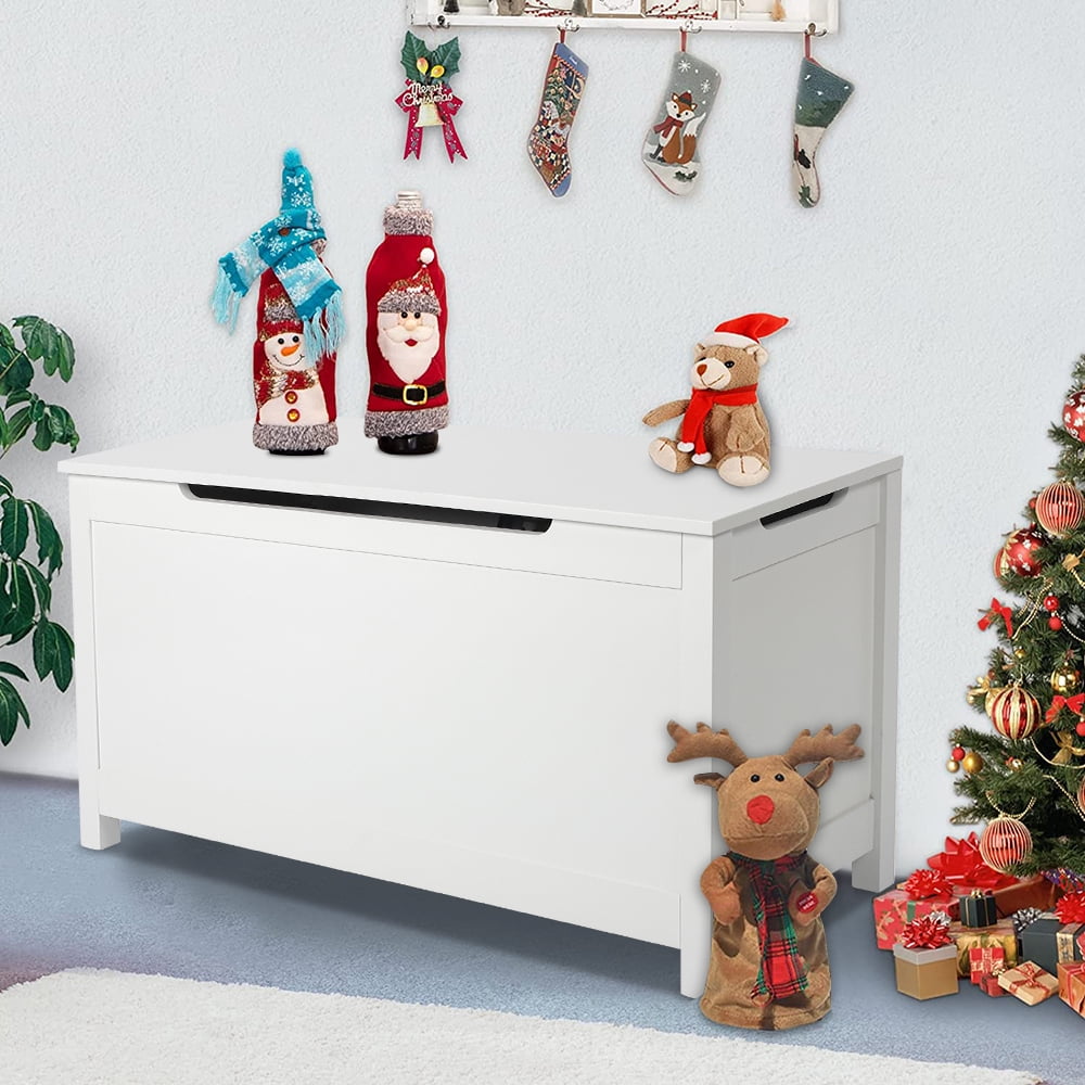 SESSLIFE White Bench Top Toy Box, Toy Storage Box Organizer, Entryway Bench with Lift Top, Toy Storage Chest with 2 Safety Hinges