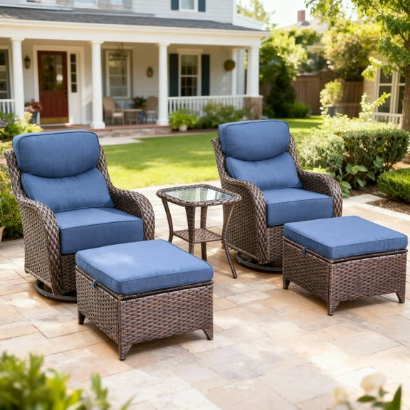 Outdoor Conversation Sets 5-Piece Patio Wicker Rattan Furniture Set with Swivel Rocking Chairs, Ottomans, Side Table and Upgrade 6" Cushions for Balcony Deck Backyard, Blue