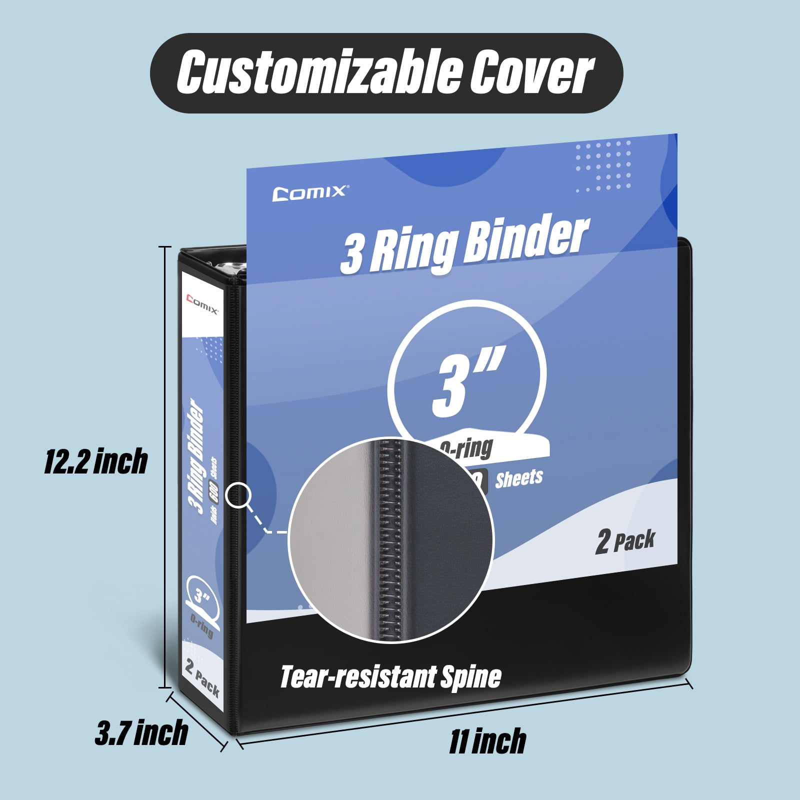 Comix Premium 3-inch Round Ring Binders, 3-Ring with Clear Cover, Holds 600 Sheets, 10 Pack Black
