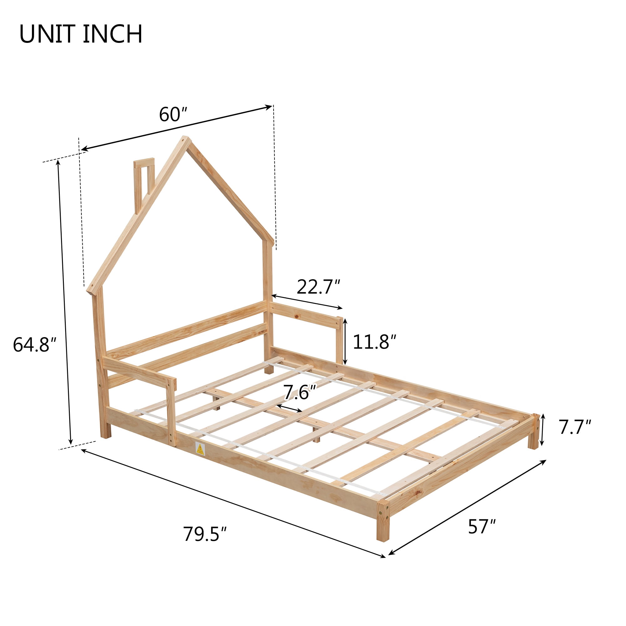 PORKISS Full Size House Bed, Wood Floor Bed Frame with House-Shaped Headboard, Modern Platform Bed with Handrails for Kids Teens Adults, No Box Spring Needed, Natural