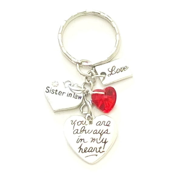 Sister in Law Silver Charm Keychain You Are Always in My Heart Gift of Love Red Heart Pendant | Merchandise for Women