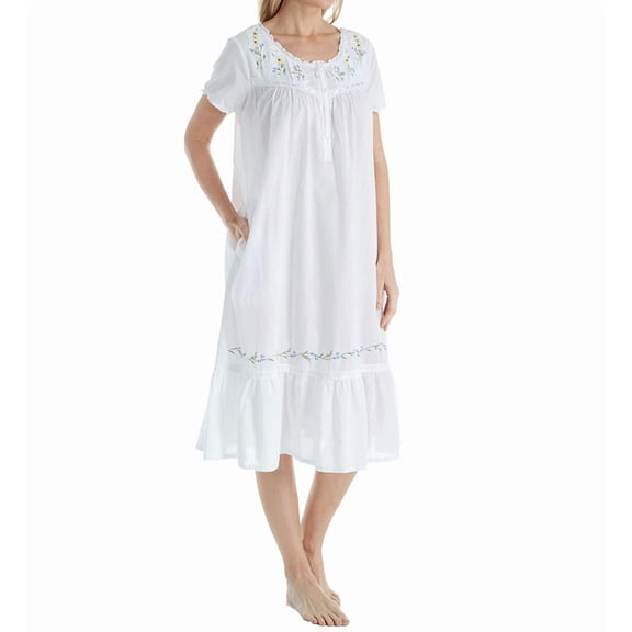 Women's La Cera 1282G 100% Cotton Woven Short Sleeve Gown with Pockets (White L)