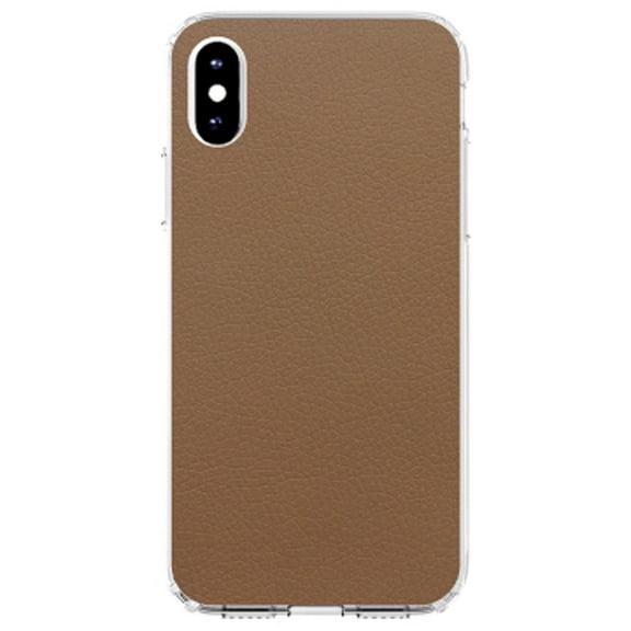 DistinctInk Clear Shockproof Hybrid Case for iPhone XR (6.1" Screen) - TPU Bumper, Acrylic Back, Tempered Glass Screen Protector - Brown Faux Leather Print Design - Printed Faux Leather Image