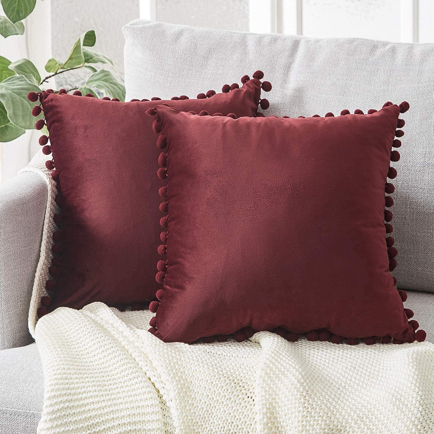 Zecatl Set Of 2 Velvet Cushions With Pompoms Solid Color Cushion Covers Decorative Cushions Cushions Seat Cushions Decorative Cushions Couch Cushions