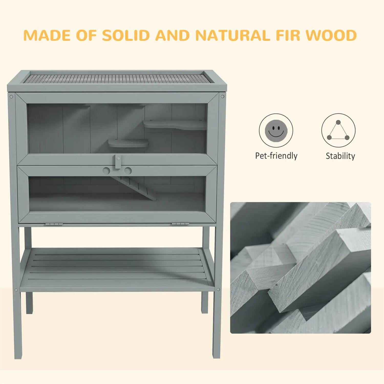 Pefilos 3-Tier Wooden Hamster Cage with Openable Top, Seesaws, Water Bottle, Small Animal Cage for Syrian Hamsters Degus or Other Similar, Gray