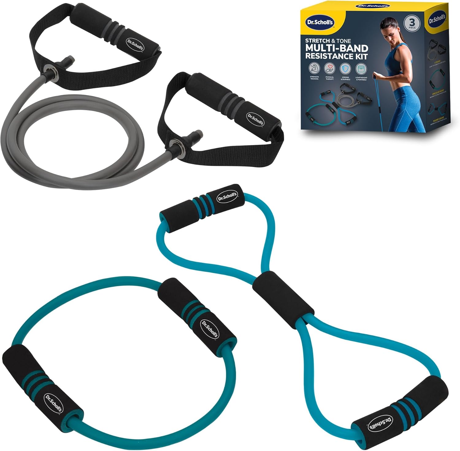 Dr. Scholl's 3-Piece Stretch & Tone Resistance Kit (10lb & 20lb Bands) - Balance, Rehabilitation, Fitness