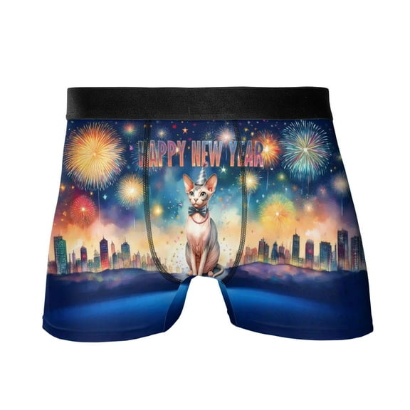 Happy New Year with Sphynx Fireworks Holiday Xmas Winter 2025 All Over Print Boxer Briefs Underwear for Men Dad Cat Lover Kitten Owner Gifts Idea - 00025