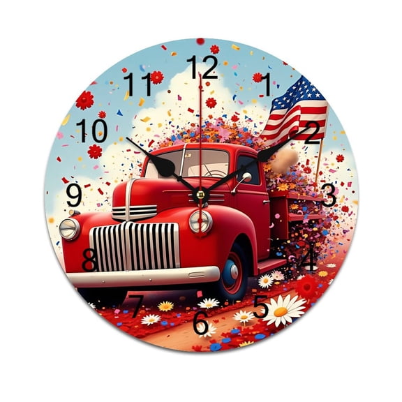 Vintage Red Pickup Truck Flowers Bedroom Wall Clock Large Modern Kitchen Dinning Round Living Room Watch Home Decor