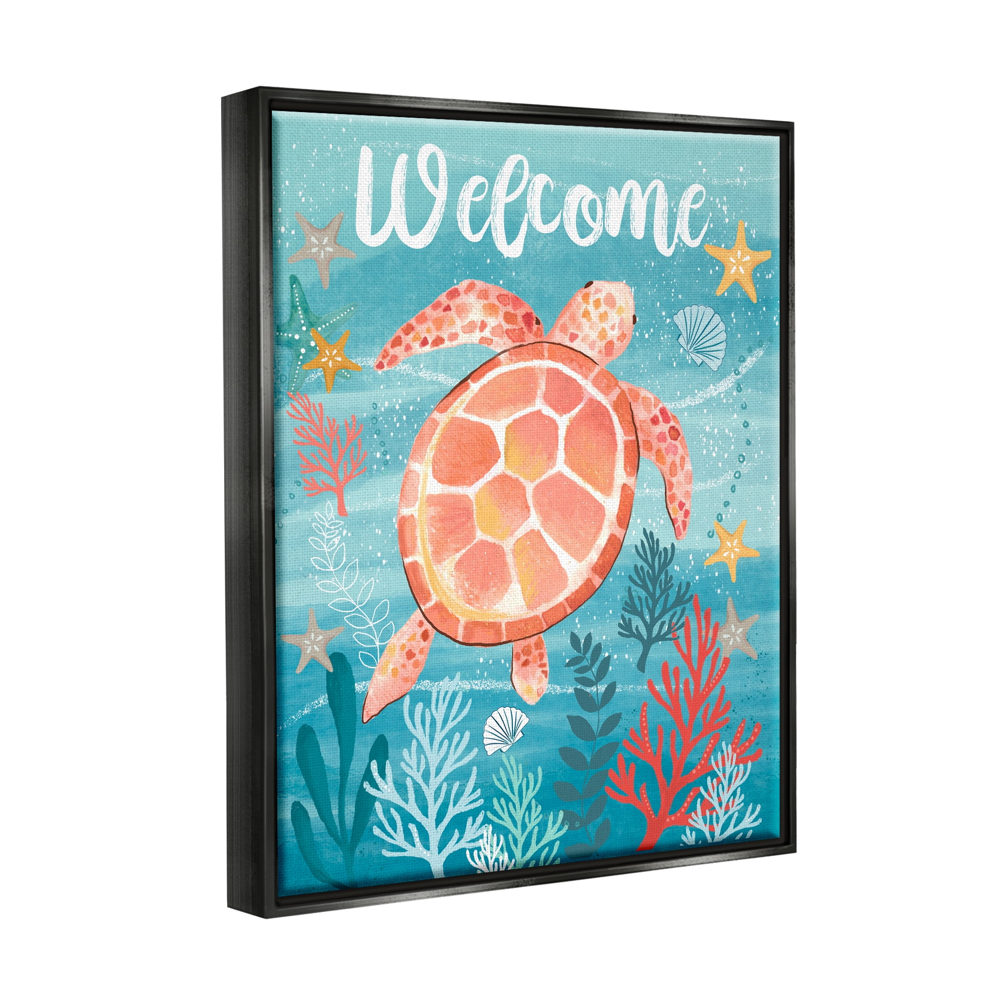 Stupell Industries Welcome Underwater Turtle Scene Animals & Insects Painting Black Floater Framed Canvas Art Print Wall Art, 17 x 21