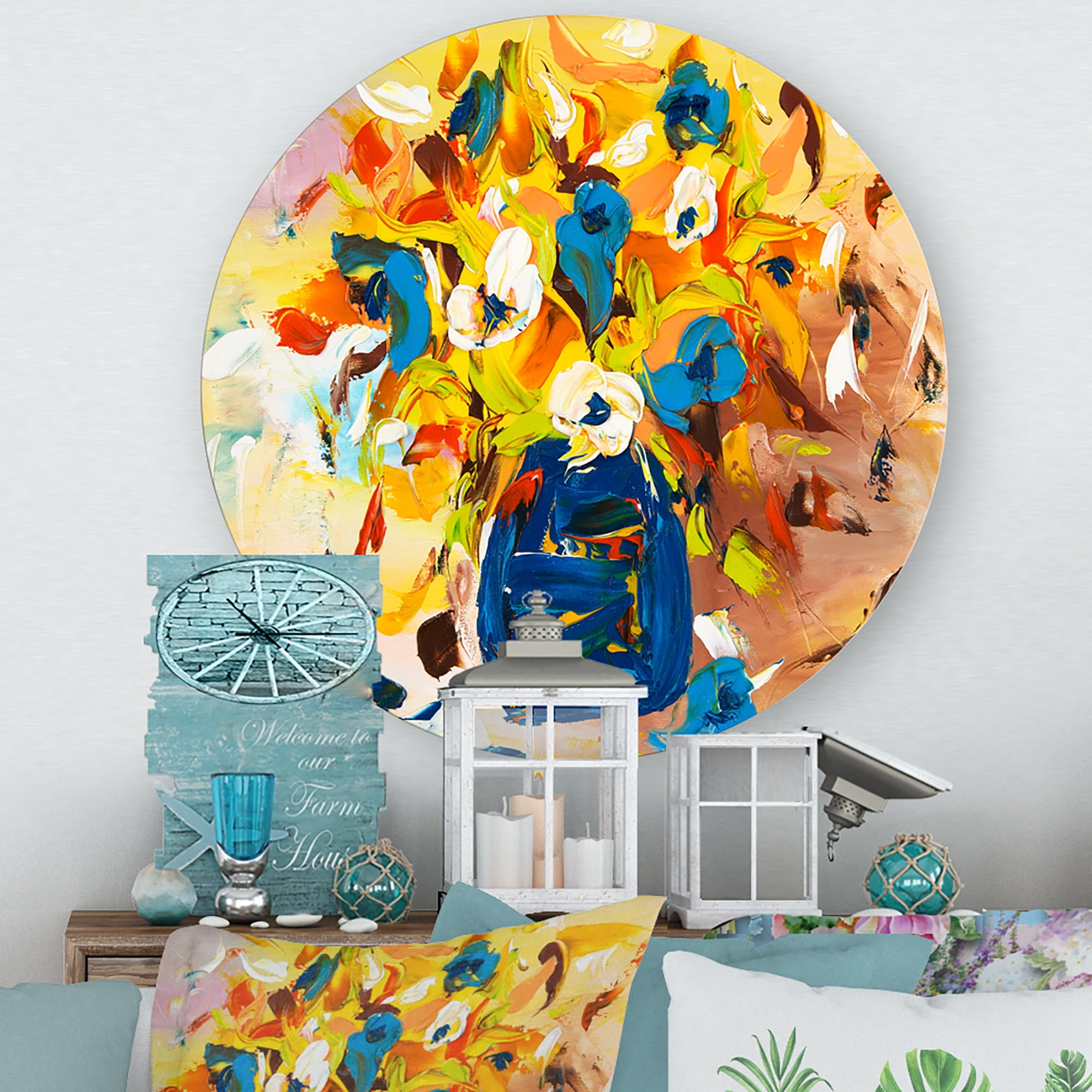 Designart 'A VIbrant Flower Bouquet In Blue and Yellow' Traditional Circle Metal Wall Art 23x23 - Disc of 23