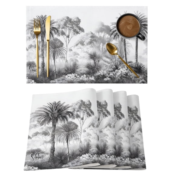 Grey Tropical Forest Placemats Set of 4 Summer Natural Botanical Tree Plants Place Mats Indoor Wipeable Table Mats Washable Cloth Dining Table Placemats for Kitchen Holiday Party Decor 13x19 Inch