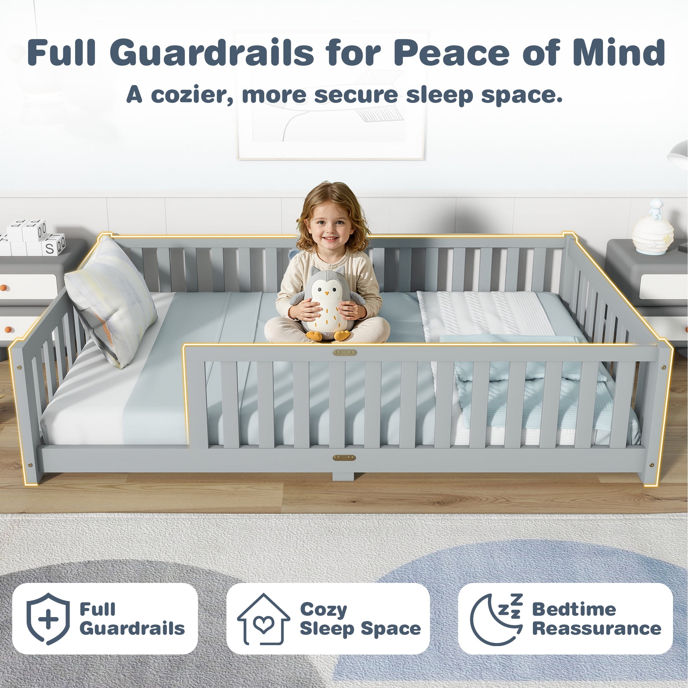 Sesslife Twin Montessori Floor Bed, Wood Twin Size Floor Bed Frame with Safety Guardrails and Slats, Low Profile Toddler Bed for Kids Boys and Girls, No Box Spring Needed, Grey