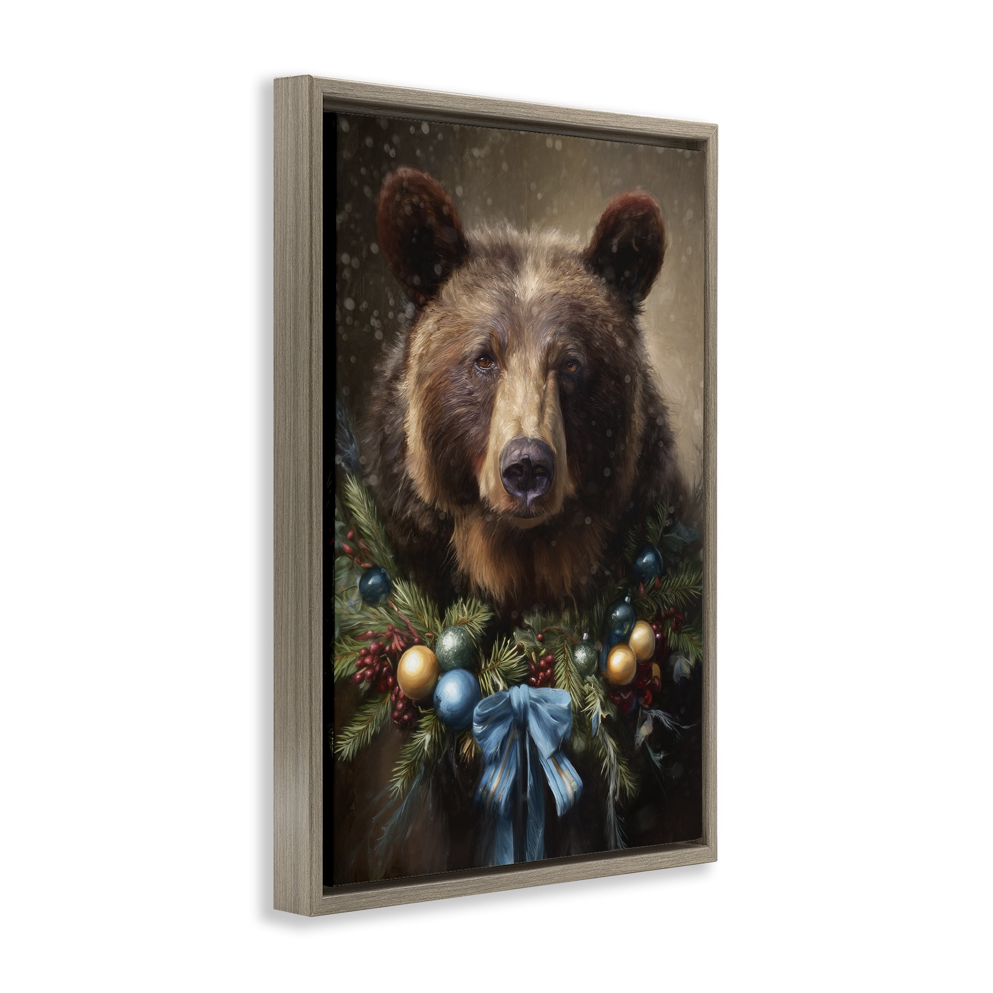 Stupell Industries Christmas Grizzly with Wreath Brown Framed Floater Canvas Wall Art, design by Tina LeCour