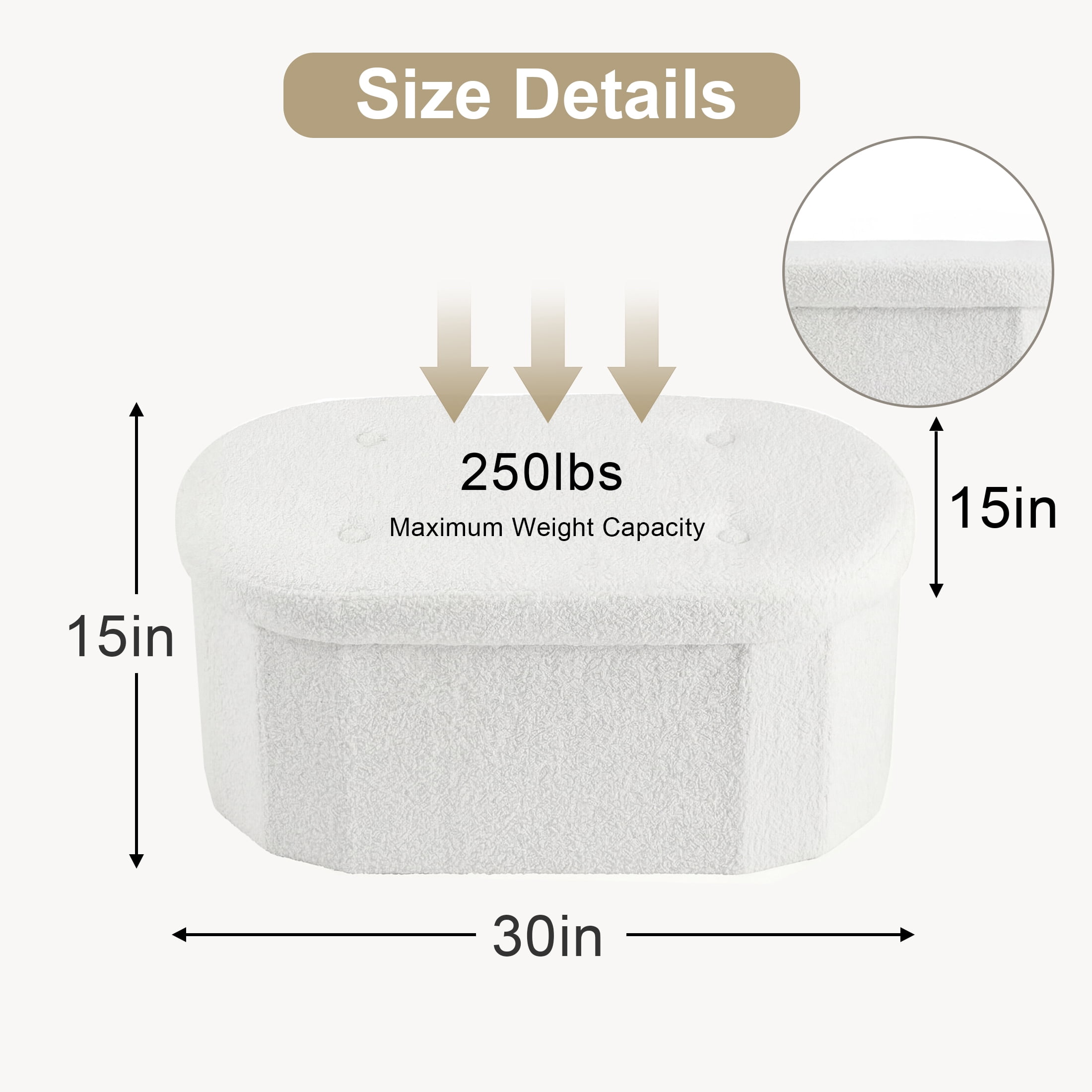 CONCETTA 30in Ottoman with Storage, Folding Foot Rest for Living Room & Bedroom, Versatile Home Bench in Soft Teddy Fabric, White