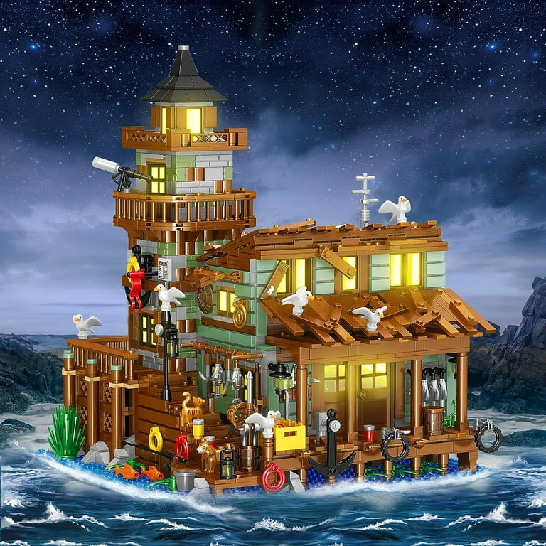 Fishing Village Store House Building Set with LED Light, 1881 PCS Wood Cabin  Mini Building Block, STEM Architecture Toys Kit, Birthday Gift for Adults  Ages 8-12+ Years（Not Compatible with Lego Set ） 