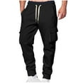 thumbnail image 2 of PiGOGI Men's Fashion Cargo Pants - Solid Color Pocket Drawstring Elastic Waist Straight-leg Pants for Outdoor Casual Wear Black XXL, 2 of 5