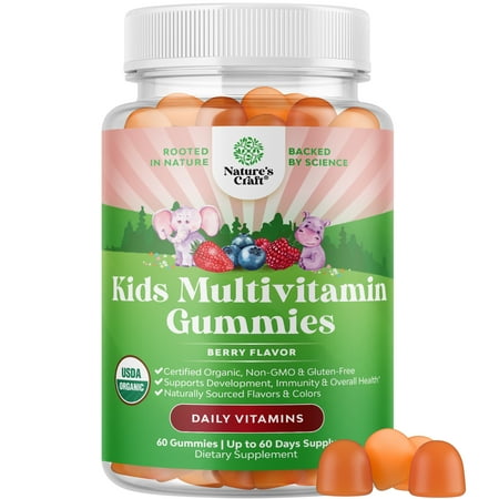 USDA Organic Kids Multivitamin Gummies - Vegan Organic Multivitamin for Kids 2+ with 14 Essential Vitamins & Minerals - Daily Kids Gummy Multivitamins - Vegan Kosher Nut Free & Non-GMO (60 Count)
