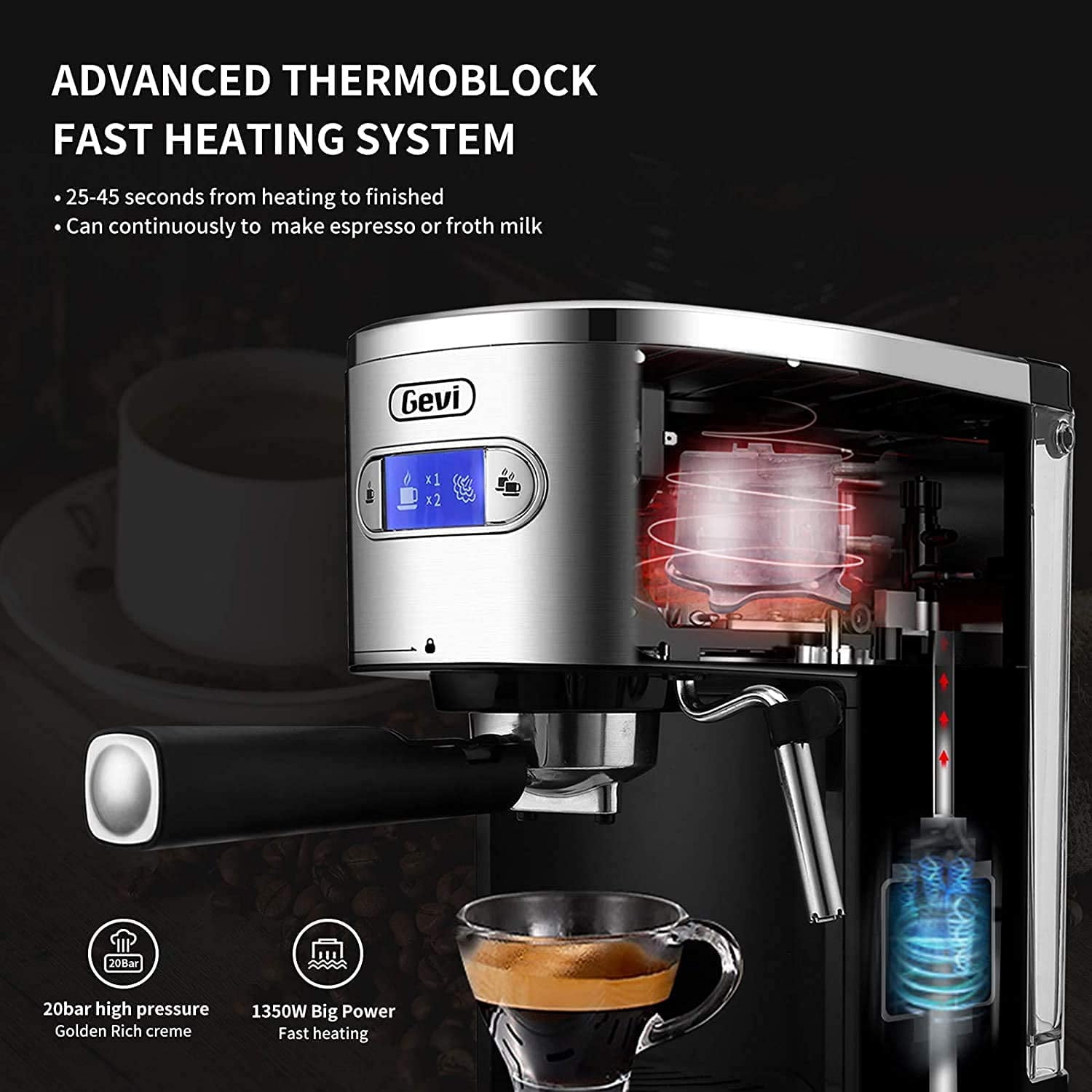 Pre-Owned Gevi Fast Heating Automatic Coffee Machine with Milk Frother Steam Wand (Fair)