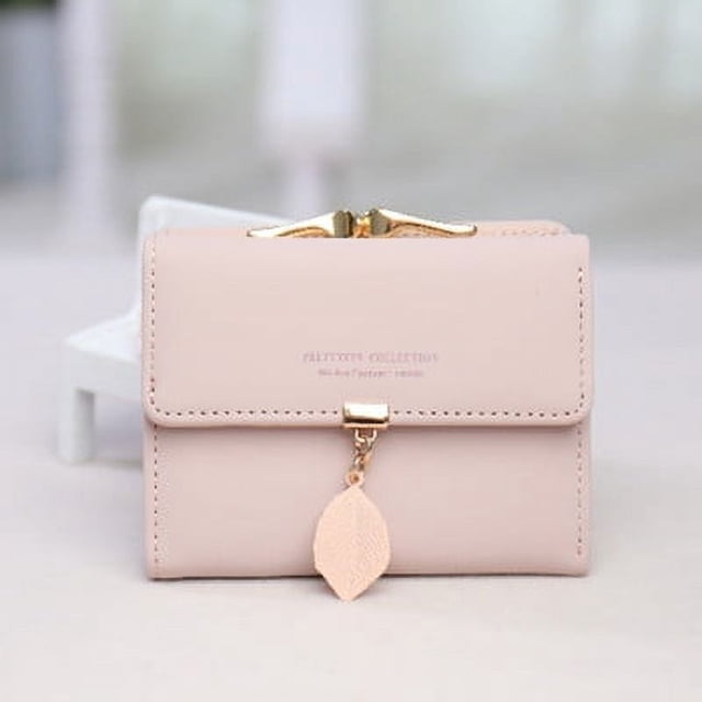 Cartera corta para mujer, de PU, con colgante de hoja, bolso de tres pliegues, monedero para mujer