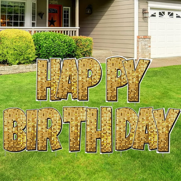 VictoryStore Happy Birthday Yard Signs 24-Inch Happy Birthday Quick-Install Set, 5 Pieces with Metal Stakes, Gold Disco