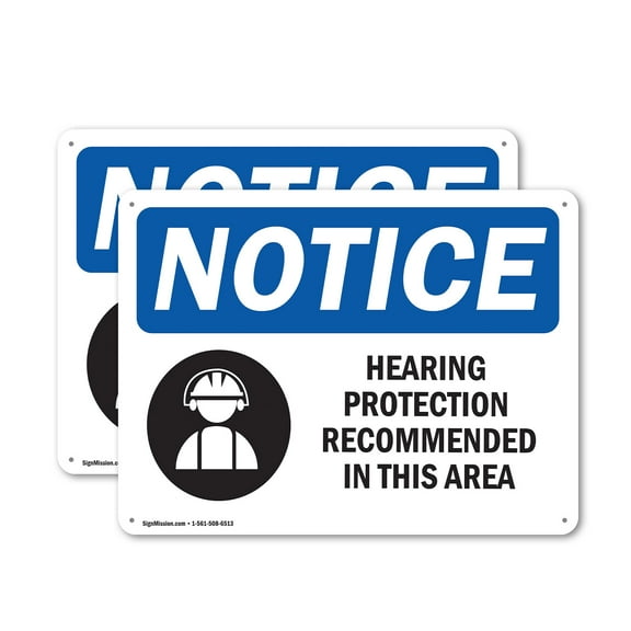 (2 Pack) Hearing Protection Recommended OSHA Notice Sign 10 Inch X 7 Inch Indoor / Outdoor Rust-Free Aluminum Metal Signs for Workplace, Workshop, and Construction Site, Made in the USA