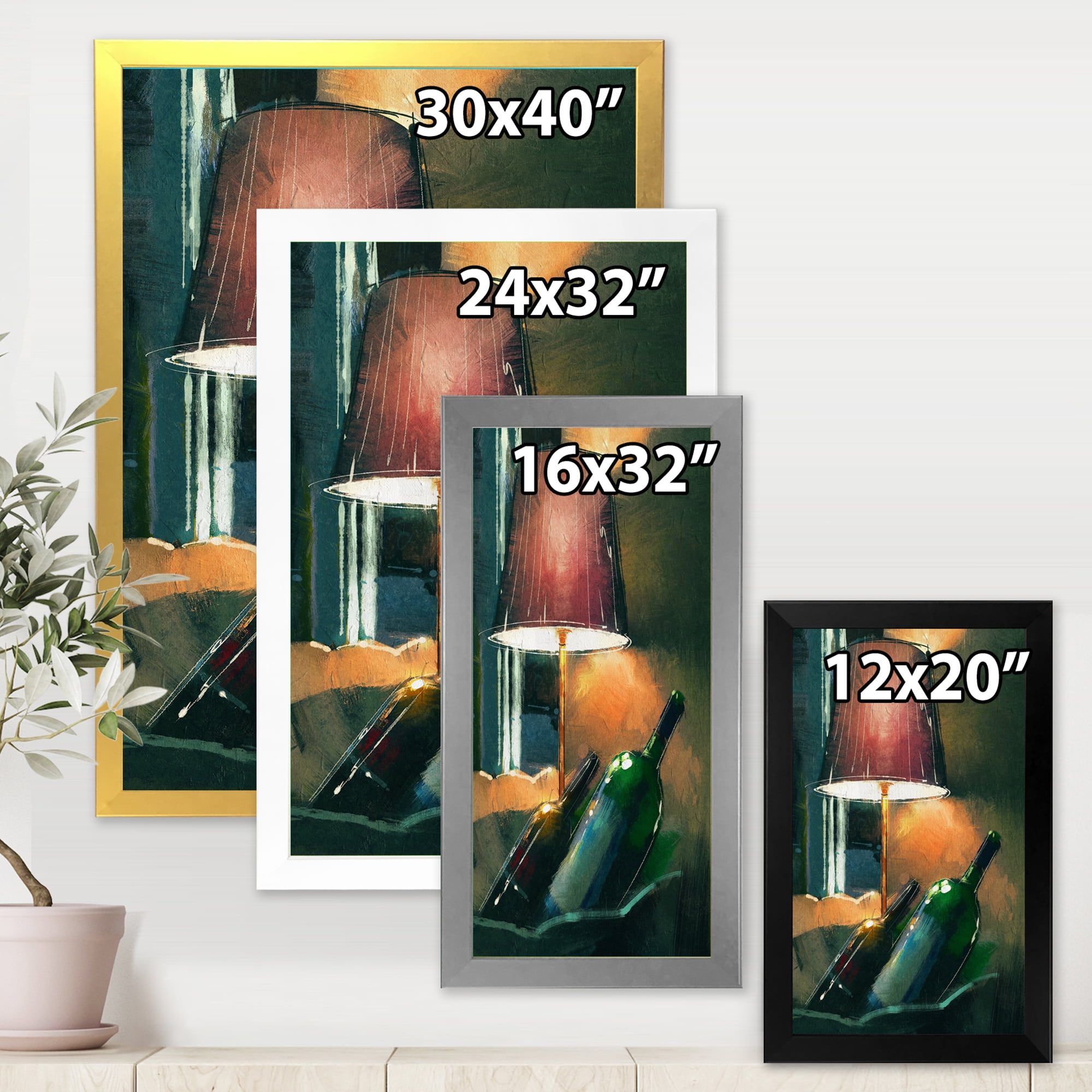 Designart 'Lamp Glowing Orange In The Night and Wine Bottles' Modern Framed Art Print