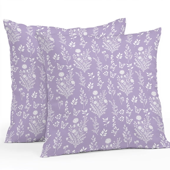 Throw Pillow Covers 20x20 Inch Set of 2, Purple Botanical Waterproof Outdoor Pillow Covers, Spring Summer Chic Wildflowers Decorative Cushion Pillowcases for Couch, Sofa, Bed, Garden, Patio