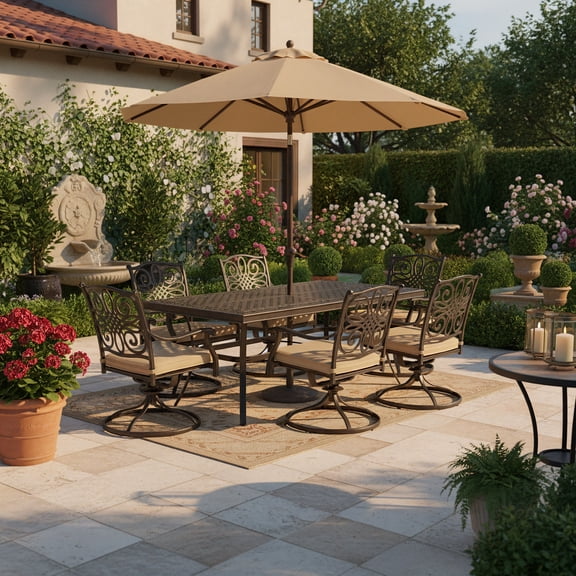 Mondawe 7-Piece Cast Aluminum Outdoor Dining Set with Rectangle Table Umbrella Hole and Swivel Chairs with Brown Cushion