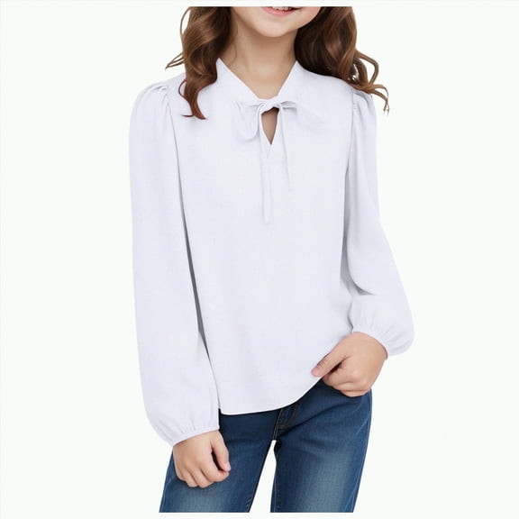 Linfrsh Girls Shirts Girls Long Sleeve Shirts Kids Crewneck Soft Tunic Tops Basic Casual T-Shirts White,13-14 Years
