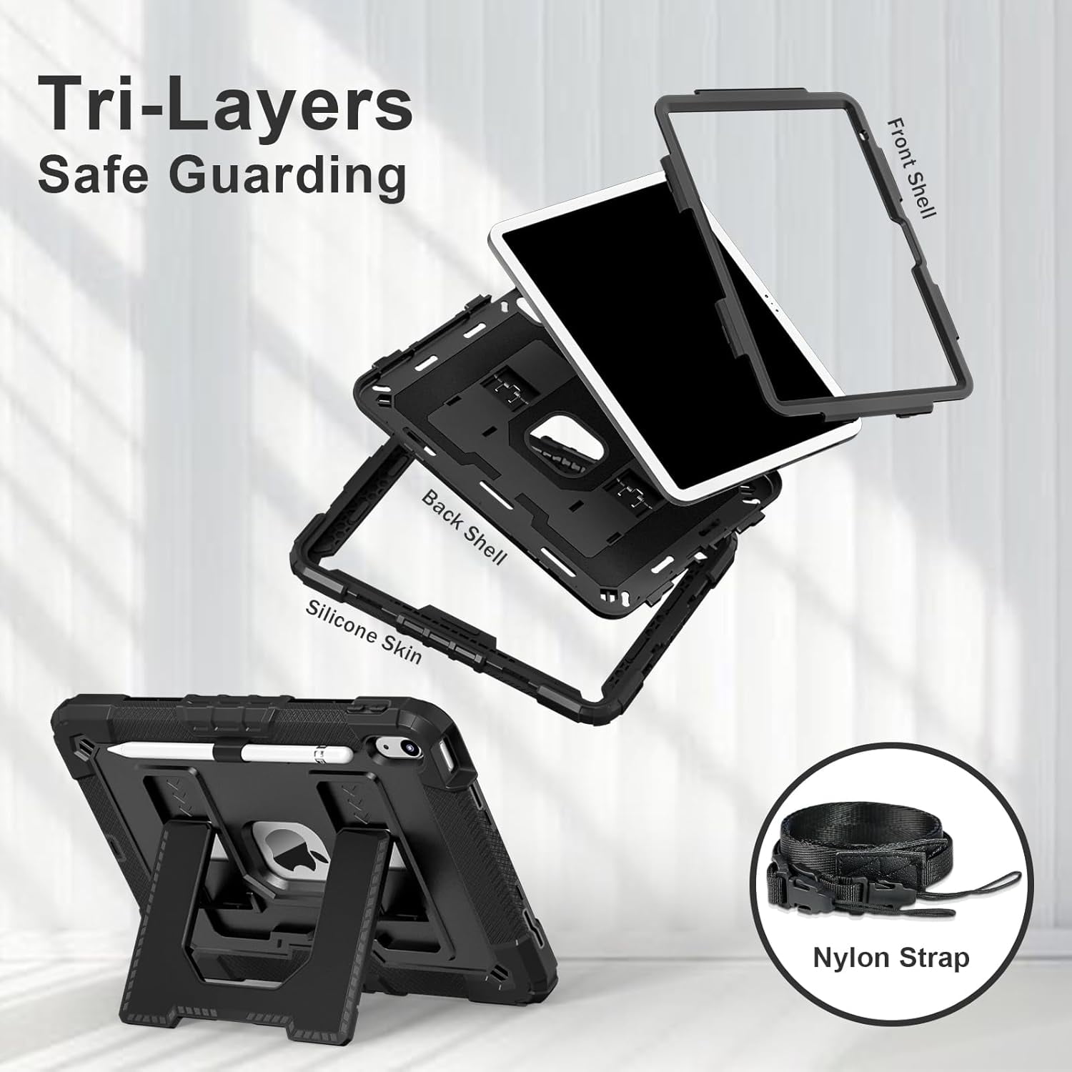 REQO Heavy Duty Protective Tablet Case for iPad 11th/10th Gen 2025/2022, 3 in 1 Robot Silicone Cover with Pencil Holder,Shoulder Strap, Large Bracket Fold Kickstand
