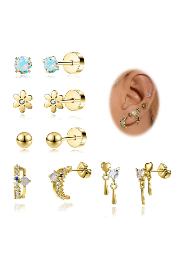 4-5Pairs Stainless Steel Stud Earrings CZ Helix Rook Earring Piercing Jewelry-Set 2
