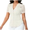 thumbnail image 2 of Xuyuer Women's Lace Patchwork Short Sleeve Blouse, Button V-Neck Casual Fashion Top Solid Color Shirt, 2 of 5