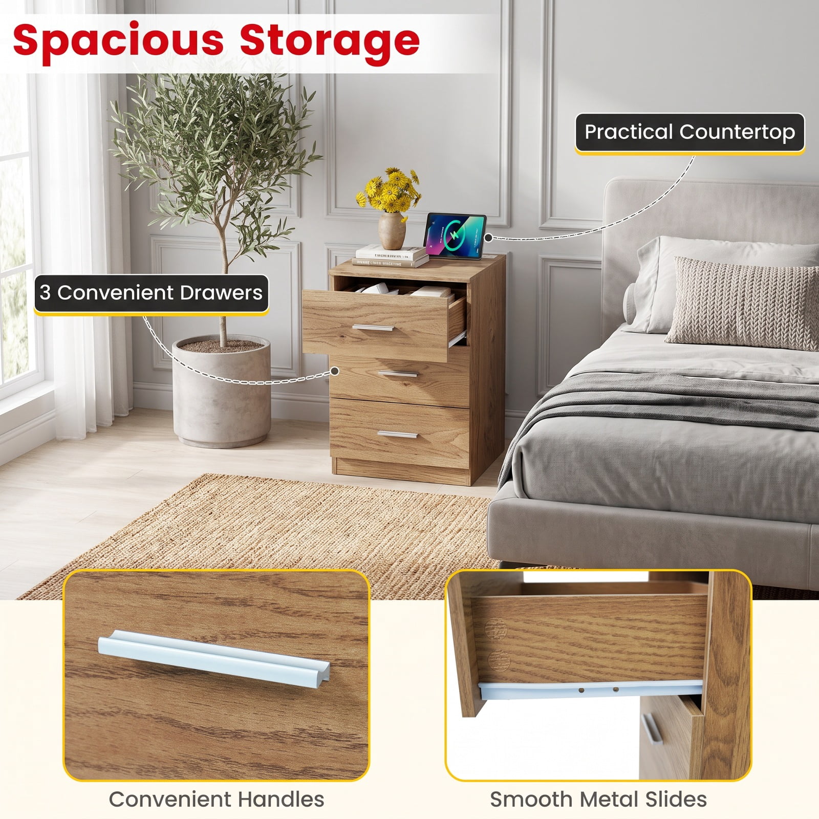 Furnibear Nightstand with Charging Station End Table with 3 Storage Drawers Bedside Table for Bedroom for Bedroom Living Room Bedside Sofa, Natural