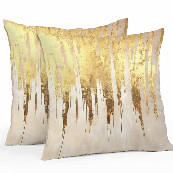 Throw Pillow Covers 24x24 Inch Set of 2, Abstract Gold Waterproof Outdoor Pillow Covers, Modern Brush Luxury Strokes Artwork Decorative Cushion Pillowcases for Couch, Sofa, Bed, Garden, Patio
