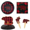 Buffalo Plaid Bear Pattern Tableware Party Supplies for 16 - Disposable Plates, Napkins, Party Picks, and Decorative Centerpiece