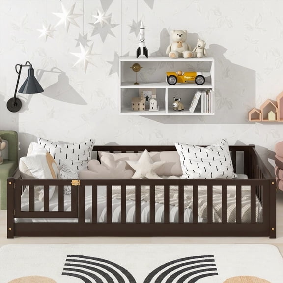 Espresso Twin Size Floor Bed Having Fence & Door, Crafted with Rubber Wood